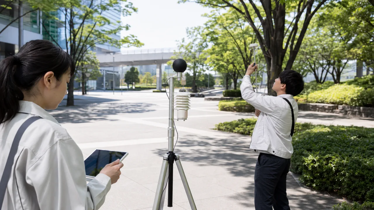 都市の暑さを測る日本人調査員（横長・コピースペース）。ヒートアイランド、暑さ対策、都市環境、気温測定の記事や案内に使える商用素材です。