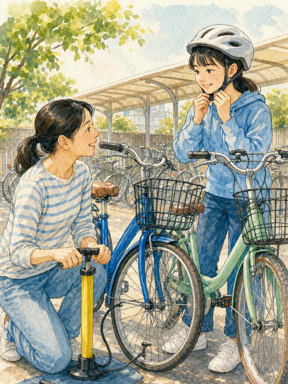 自転車を整備する日本人の母と娘（手描き水彩）。母と娘、自転車整備、親子、日常の記事向け素材です。