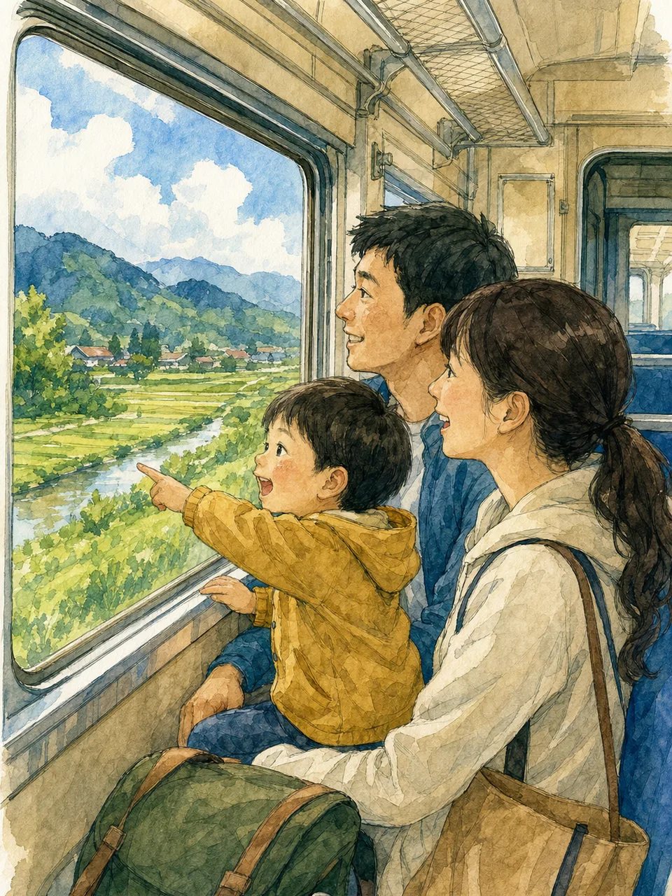 家族で出かけるローカル線の旅（手描き水彩）。国内旅行、地域観光、親子のお出かけ記事に使える、日本の鉄道旅行素材です。