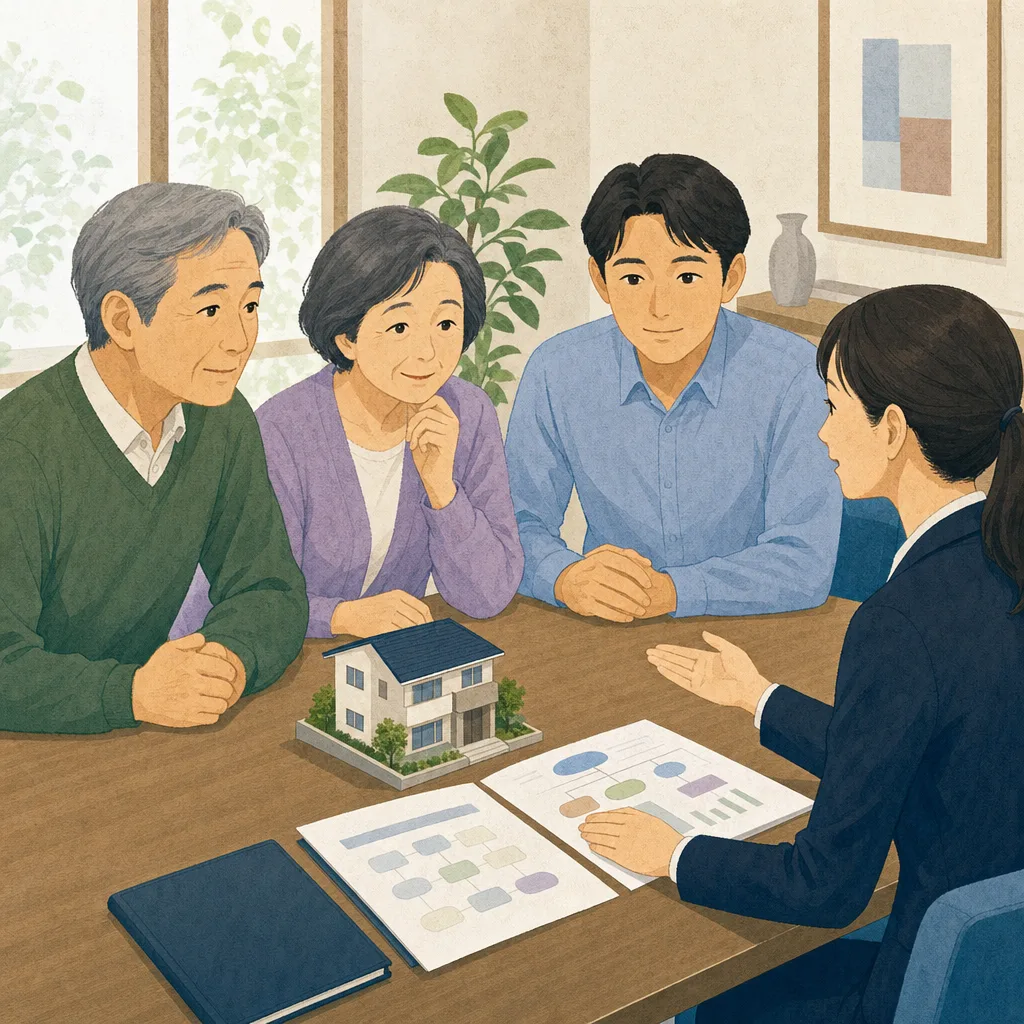 相続と資産管理を相談する日本人家族（編集記事向け）。相続、終活、銀行、年金、資産相談の記事に使える家族の相談場面です。