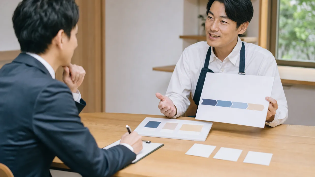 事業融資を相談する日本人経営者（横長・コピースペース）。事業融資、中小企業、銀行相談、資金調達の記事や案内に使える商用素材です。