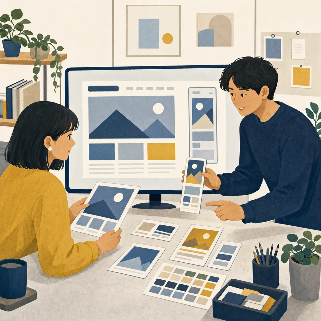 ウェブサイトを設計する日本人デザイナー（編集記事向け）。ウェブデザイナー、サイト制作、UIデザイン、クリエイティブの記事向け素材です。