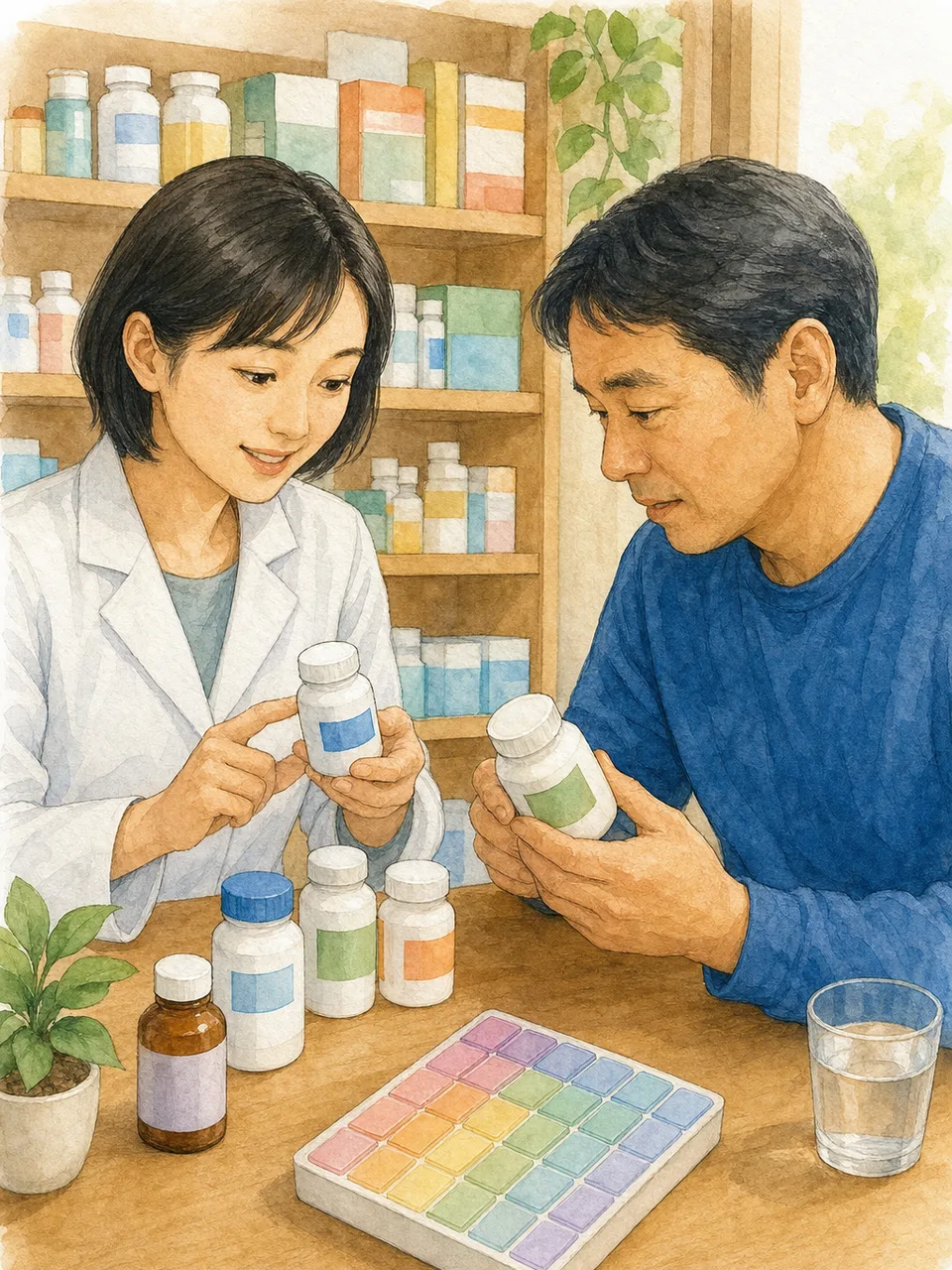 薬の見直しを相談する日本人（手描き水彩）。薬の見直し、服薬相談、薬剤師、ポリファーマシーの記事や案内に使える商用素材です。