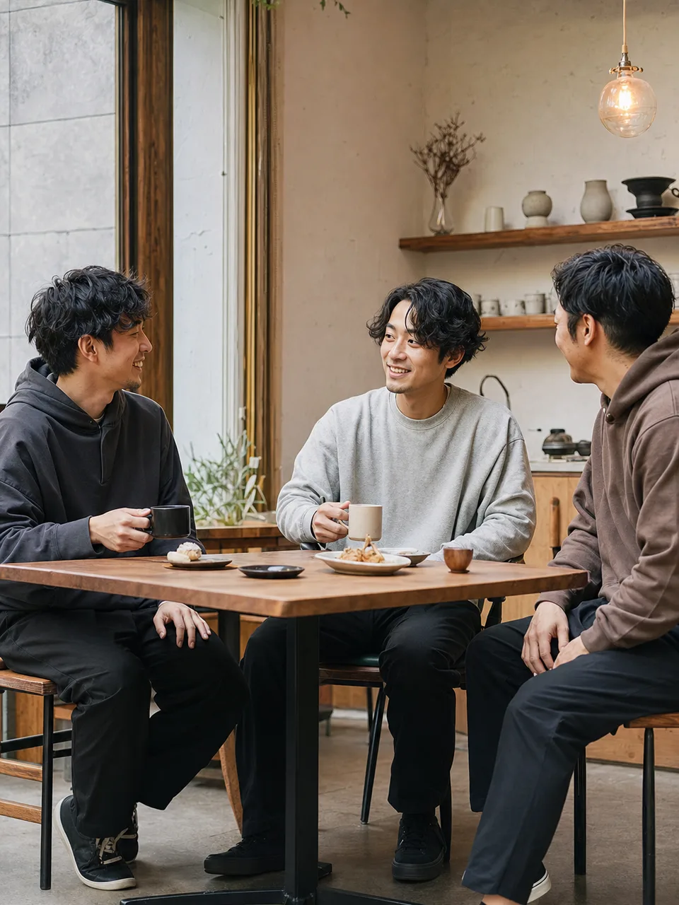 会話を楽しむ日本人の男友達（自然な縦位置写真）。男友達、友情、会話、休日の記事向け素材です。