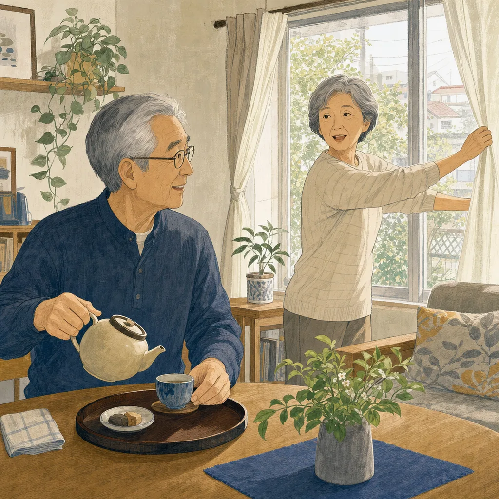 日常を過ごす日本人シニア夫婦（編集記事向け）。シニア夫婦、二人暮らし、日常、自立した暮らしの記事向け素材です。