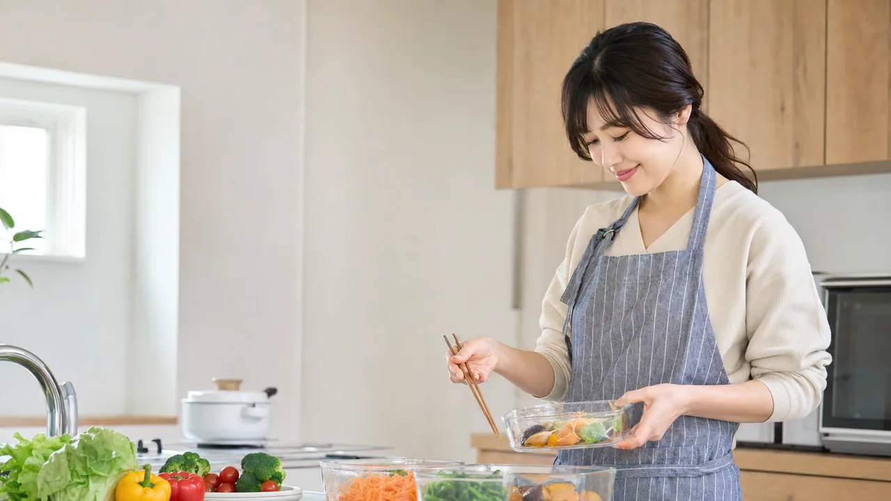 作り置き料理を準備する日本人（横長・コピースペース）。作り置き料理、時短家事、食生活、家庭料理の記事向け素材です。