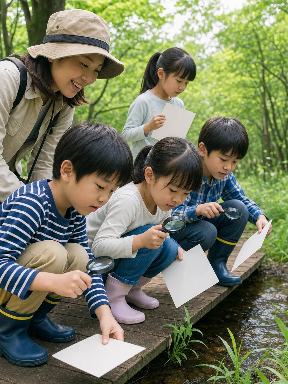 自然を観察する日本人の子ども（自然な縦位置写真）。子どもの自然観察、観察路での環境学習、環境教育、自然観察の記事や案内に使える商用素材です。