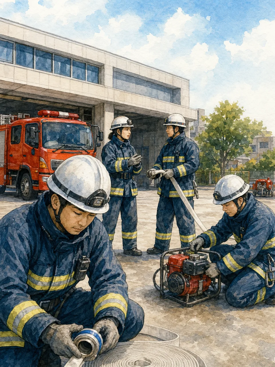 訓練に取り組む日本人消防士（手描き水彩）。消防士、防災、訓練、地域安全の記事に使える仕事素材です。