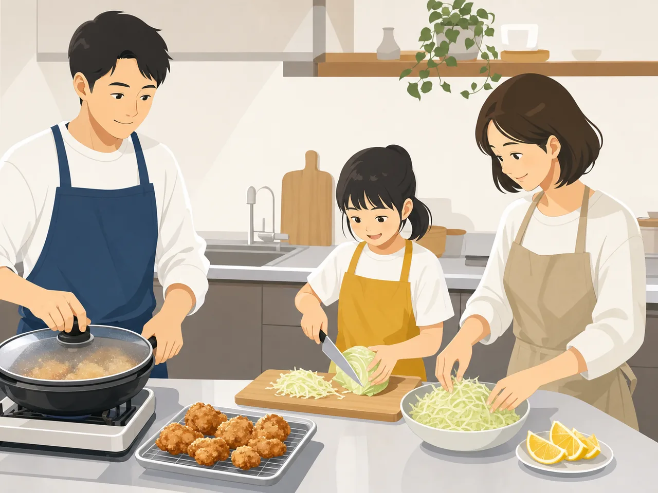 唐揚げを作る日本人家族（フラットイラスト）。唐揚げ、家庭料理、親子料理、食卓の記事向け素材です。