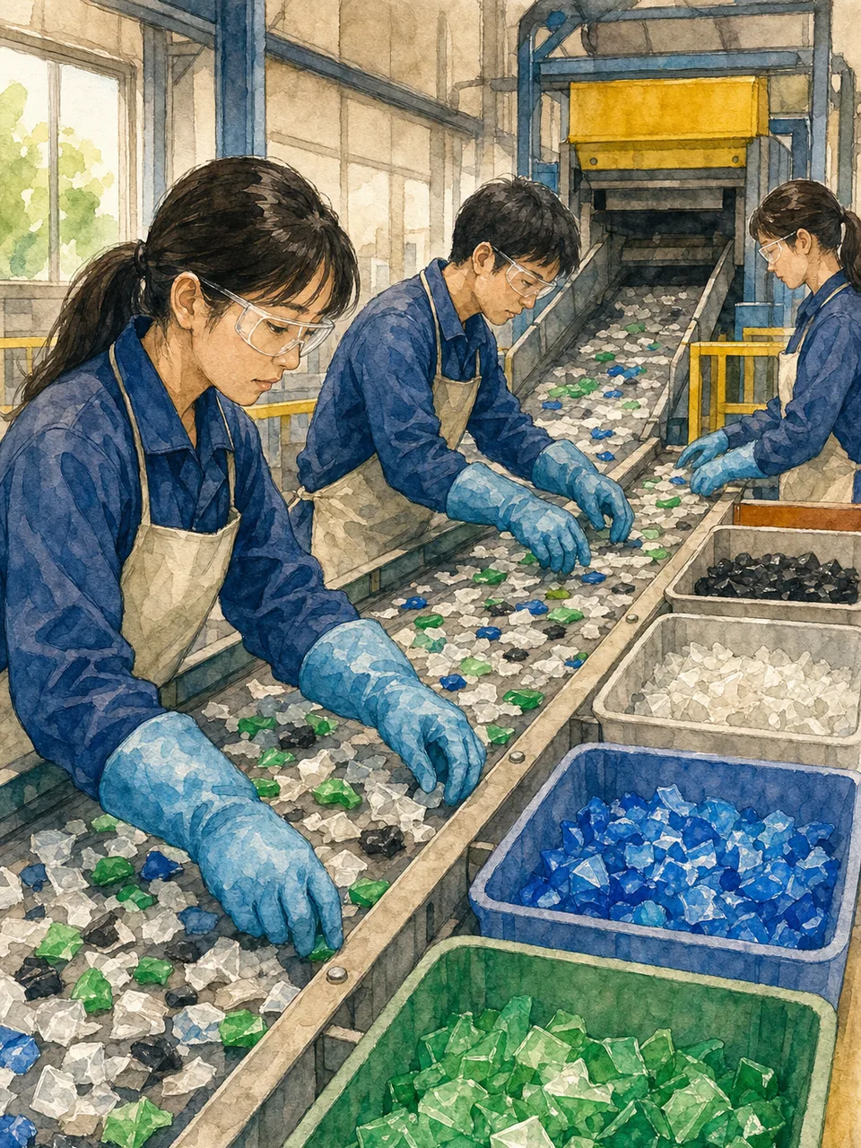 再生プラスチックを選別する日本人（手描き水彩）。プラスチックリサイクル、資源循環、選別、再生材の記事や案内に使える商用素材です。
