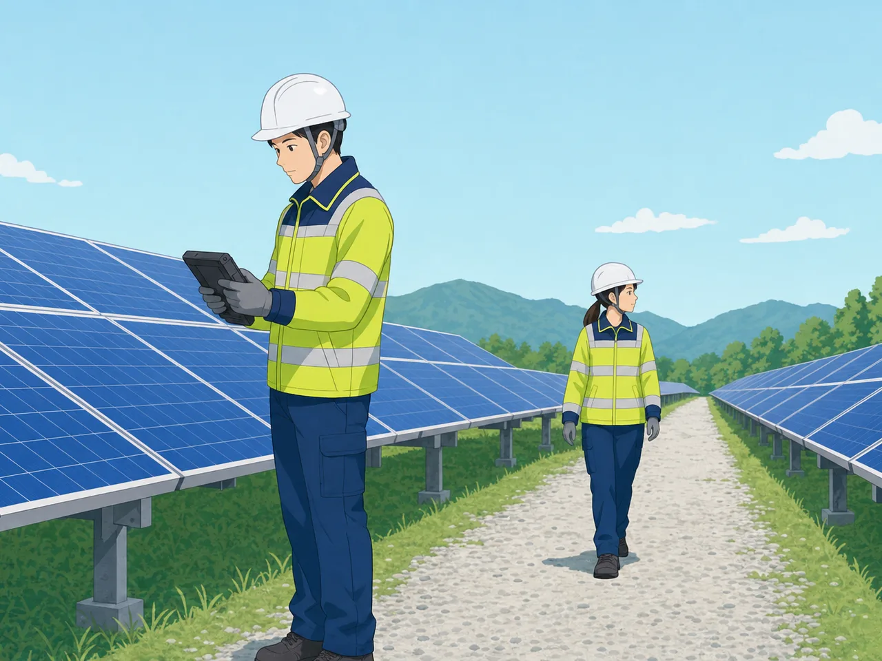 太陽光発電所を点検する日本人技術者（フラットイラスト）。太陽光発電所、再生可能エネルギー、設備点検の記事向け素材です。