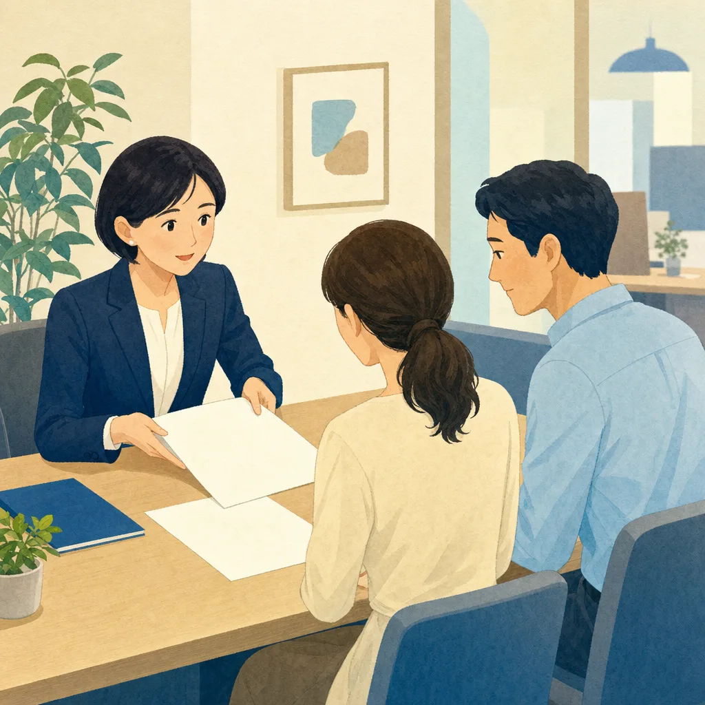 銀行で相談に応じる日本人行員（編集記事向け）。銀行員、金融相談、家計、資産形成の記事に使える素材です。