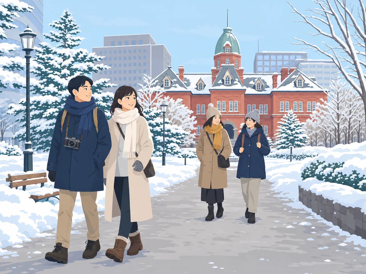冬の札幌を歩く日本人旅行者（フラットイラスト）。札幌、北海道旅行、雪の街、冬旅行の記事向け素材です。