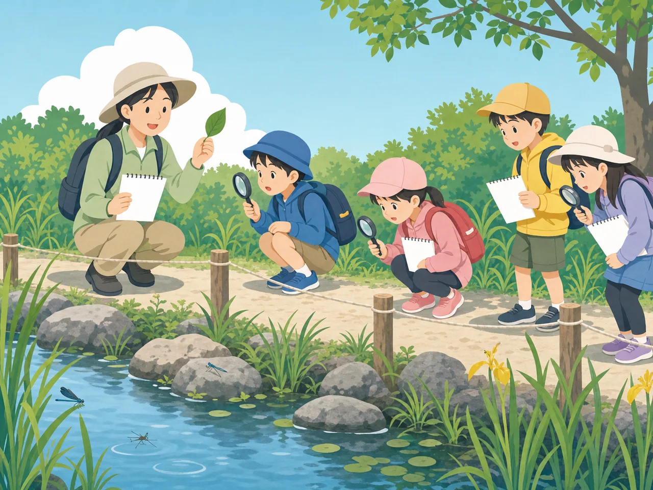 自然を観察する日本人の子ども（フラットイラスト）。子どもの自然観察、観察路での環境学習、環境教育、自然観察の記事や案内に使える商用素材です。