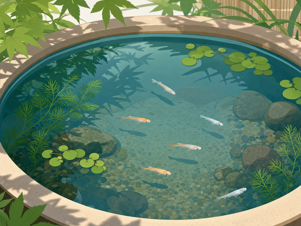 屋外の水辺で泳ぐメダカ（フラットイラスト）。メダカ、ビオトープ、観賞魚、水辺の記事向け素材です。