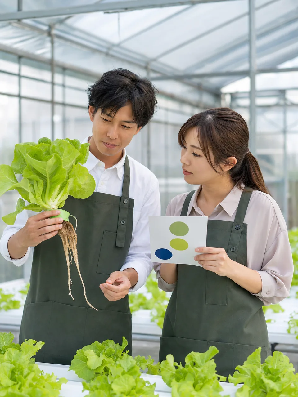 ハウスで水耕栽培をする日本人農家（自然な縦位置写真）。水耕栽培、施設園芸、ビニールハウス、スマート農業の記事や案内に使える商用素材です。