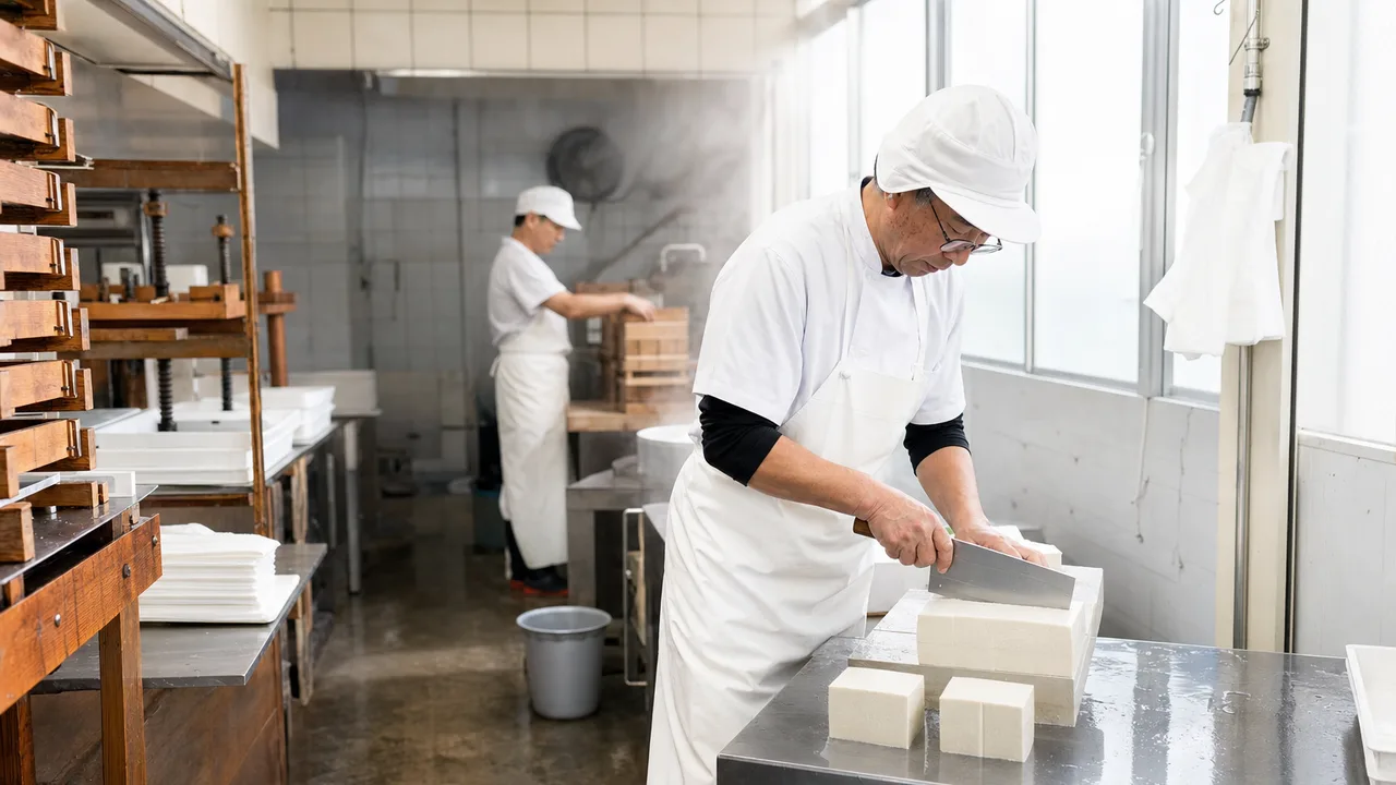 豆腐を作る日本人職人（横長・コピースペース）。豆腐作り、豆腐職人、大豆、食品製造の記事や案内に使える商用素材です。