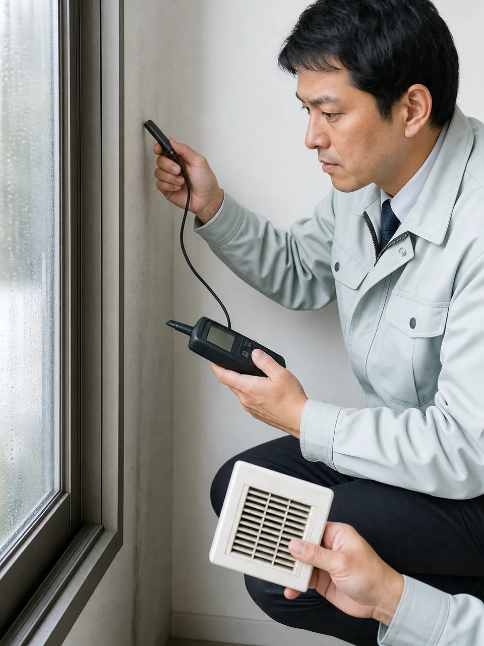 住宅の湿気を調べる日本人専門家（自然な縦位置写真）。湿気対策、結露、カビ予防、住宅診断の記事や案内に使える商用素材です。