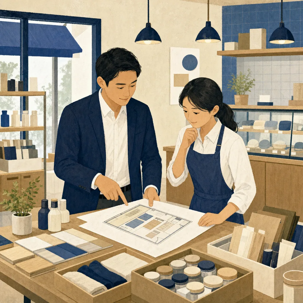 店舗運営を確認する日本人フランチャイズ担当者（編集記事向け）。フランチャイズ、店舗運営、店長、経営支援の記事や案内に使える商用素材です。