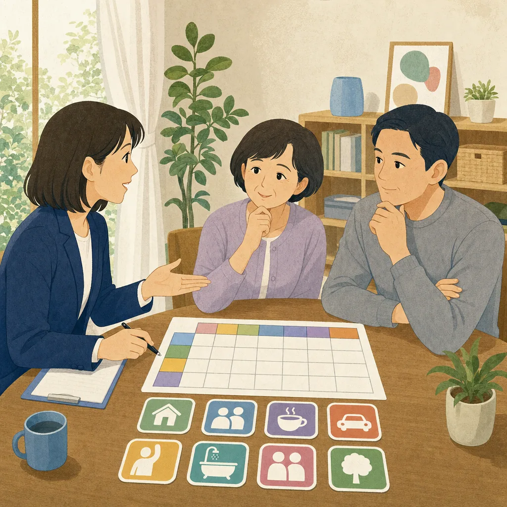 介護者の休息を計画する日本人家族（編集記事向け）。介護者支援、レスパイト、家族介護、介護相談の記事や案内に使える商用素材です。