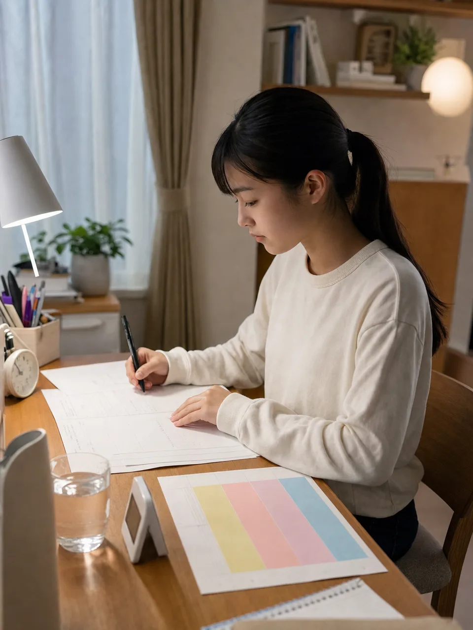 受験勉強に取り組む日本人学生（自然な縦位置写真）。受験生、受験勉強、学習計画、進学の記事に使える素材です。
