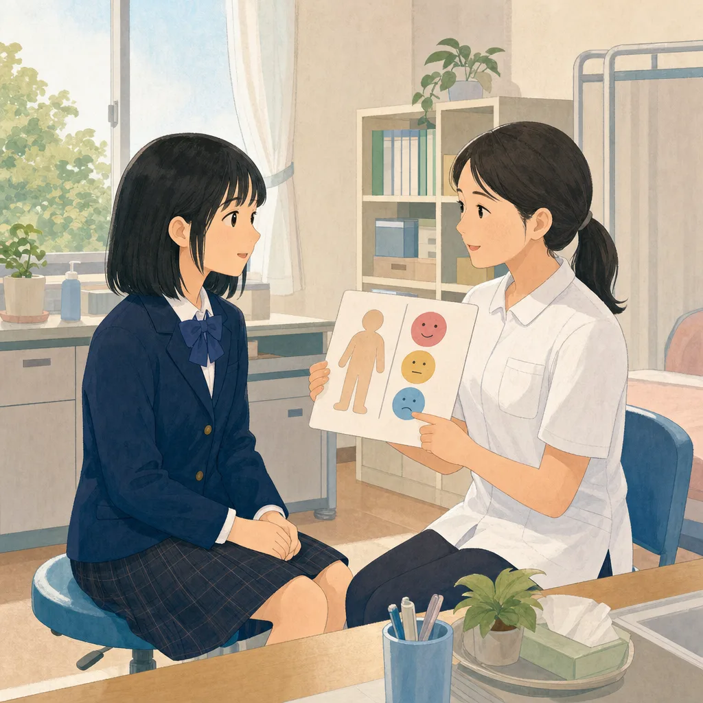 保健室で相談する日本人の生徒（編集記事向け）。保健室、養護教諭、健康相談、生徒の記事や案内に使える商用素材です。
