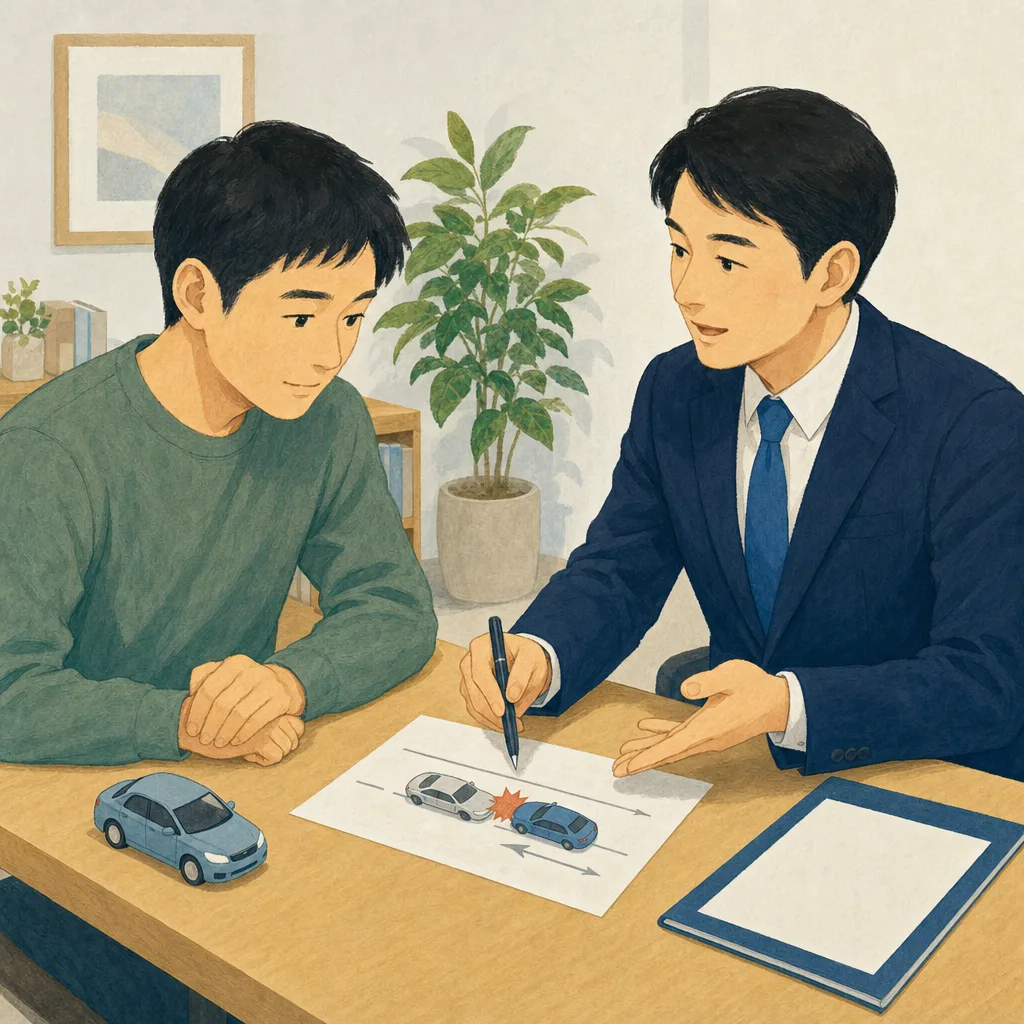 交通事故後の保険相談をする日本人（編集記事向け）。交通事故、自動車保険、事故対応、相談窓口の記事向け素材です。