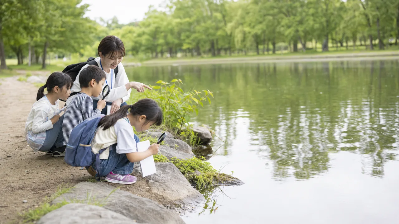 自然を観察する日本人の子ども（横長・コピースペース）。子どもの自然観察、観察路での環境学習、環境教育、自然観察の記事や案内に使える商用素材です。