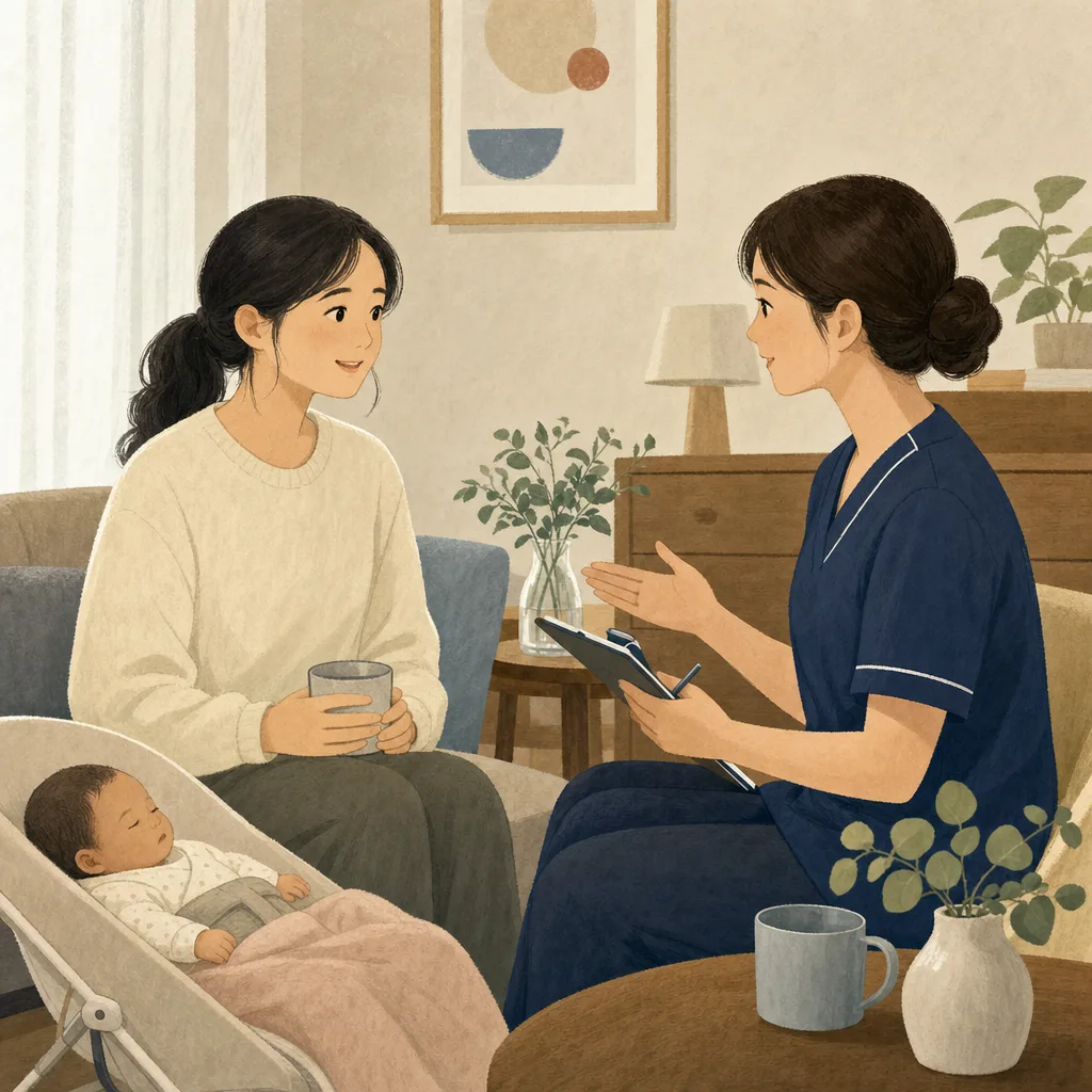 産後健診を受ける日本人の母親（編集記事向け）。産後健診、産後ケア、母親支援、助産師の記事や案内に使える商用素材です。