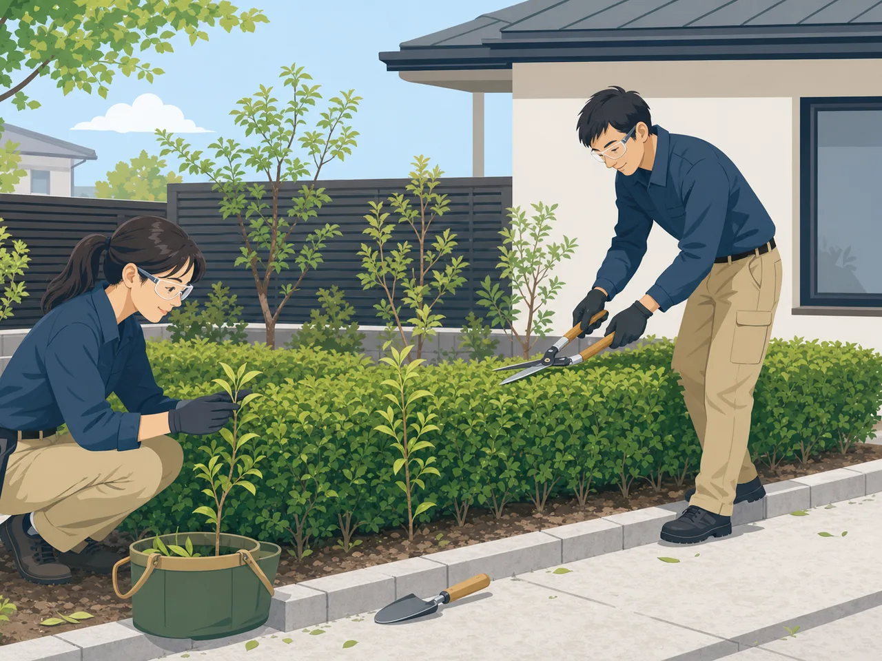 庭を手入れする日本人造園作業員（フラットイラスト）。造園業、庭づくり、緑化、屋外作業の記事向け素材です。