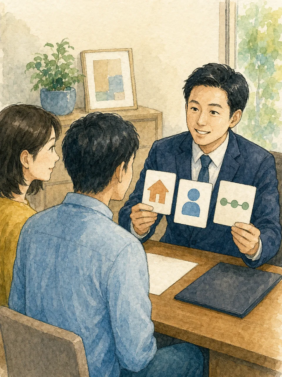 登記を支援する日本人司法書士（手描き水彩）。不動産登記を説明する司法書士、住宅購入の登記手続き、司法書士、不動産登記の記事や案内に使える商用素材です。