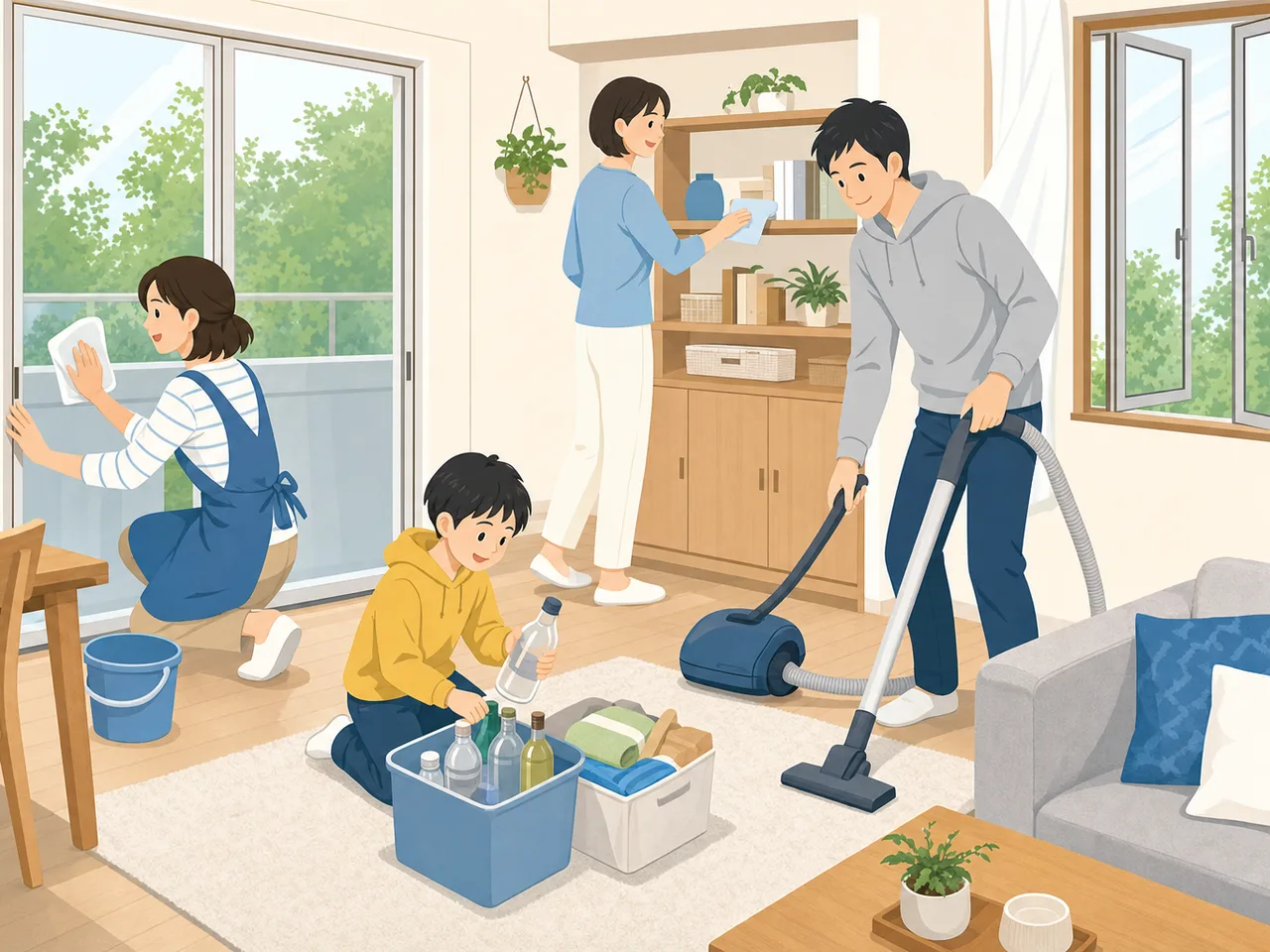 年末の大掃除をする日本人家族（フラットイラスト）。大掃除、年末、家事分担、暮らしの記事向け素材です。