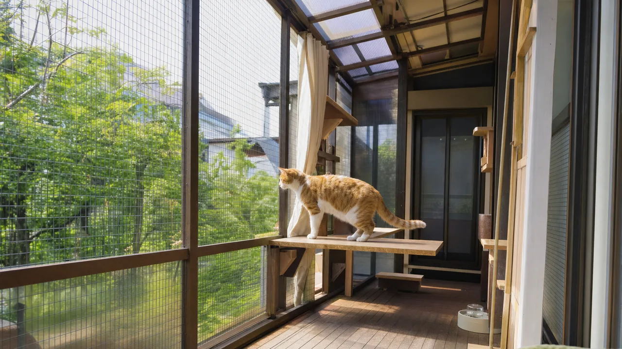 安全なキャティオで過ごす猫（横長・コピースペース）。キャティオ、猫、室内飼育、猫の安全の記事や案内に使える商用素材です。