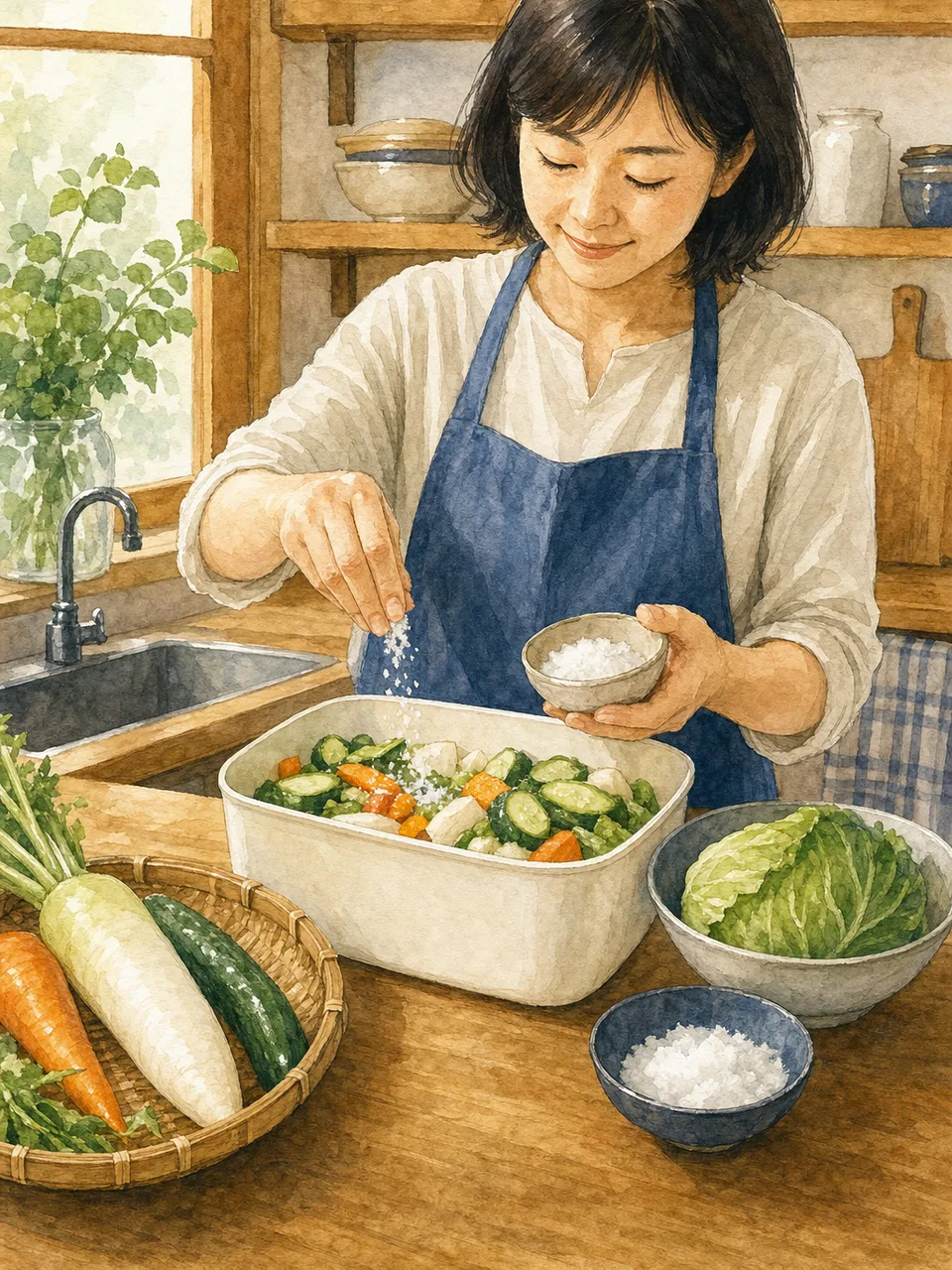 家庭で漬物を仕込む日本人（手描き水彩）。漬物作り、発酵食品、保存食、野菜の記事や案内に使える商用素材です。