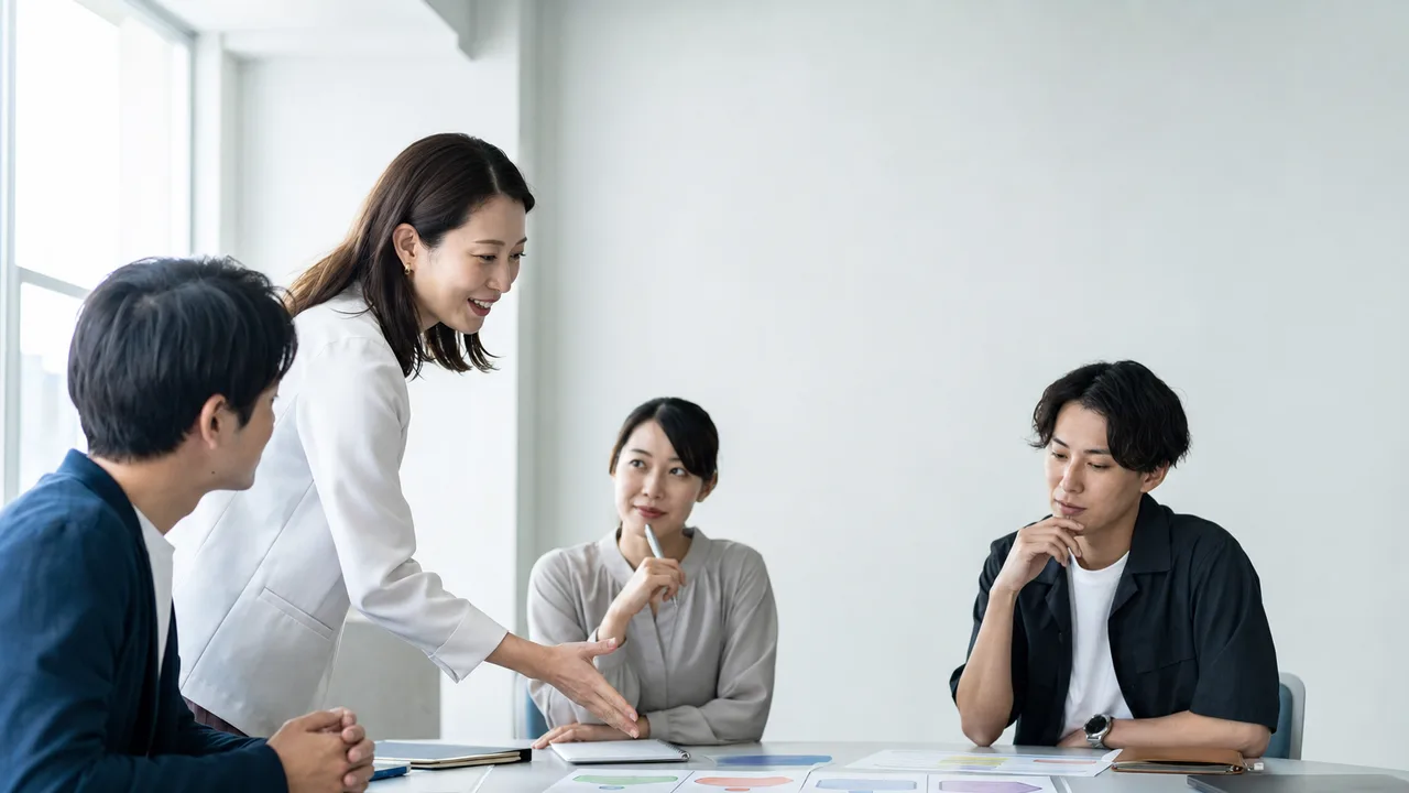 営業会議を行う日本人チーム（横長・コピースペース）。営業会議、販売計画、チーム、顧客理解の記事向け素材です。