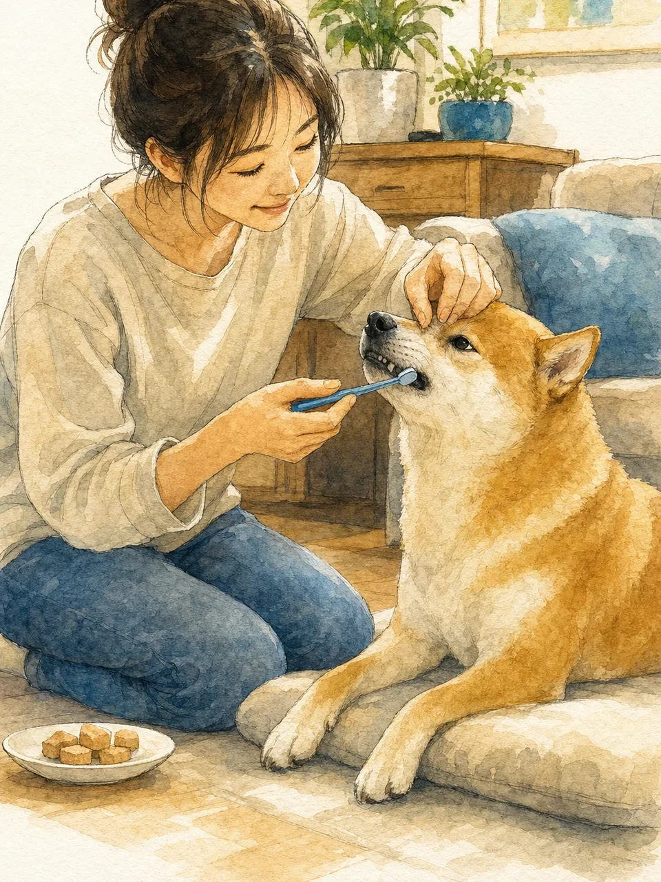 犬の歯磨きをする日本人（手描き水彩）。犬の歯磨き、デンタルケア、ペットケア、犬の記事向け素材です。