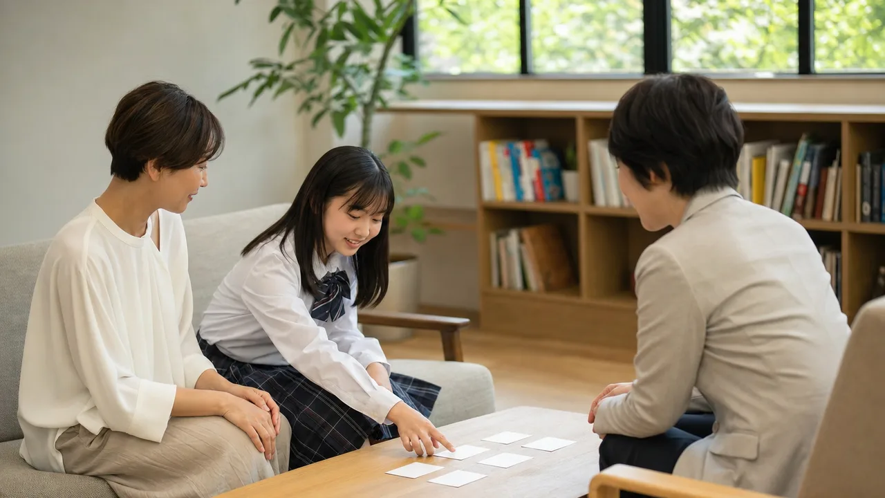 不登校について相談する日本人親子（横長・コピースペース）。不登校、教育相談、子どもの意思、学びの選択肢の記事向け素材です。