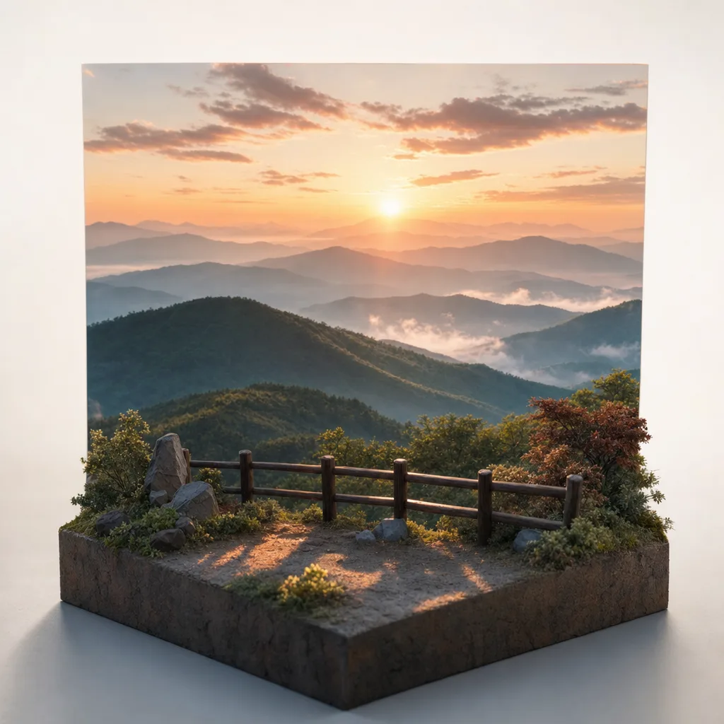 日本の山に昇る朝日（立体ディスプレイ）。山の朝日、日の出、山岳、自然風景向け素材です。