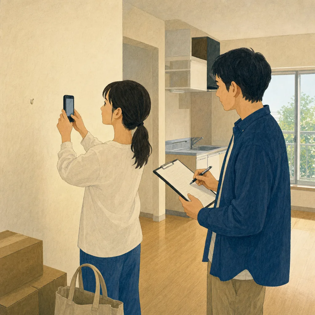賃貸住宅の入居前点検をする日本人（編集記事向け）。賃貸入居点検、引越し、部屋確認、住まいの記事向け素材です。