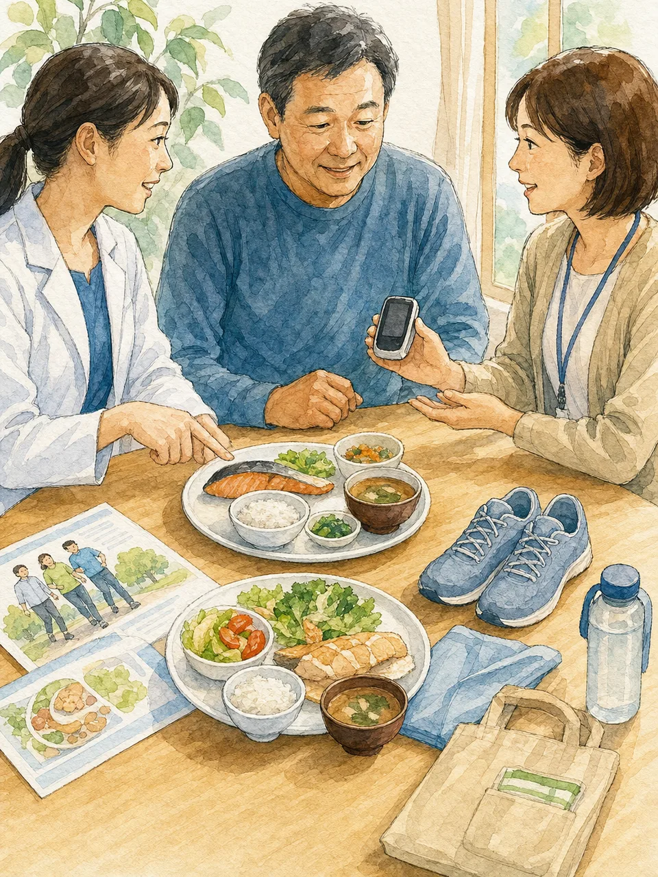 糖尿病の生活管理を学ぶ日本人（手描き水彩）。糖尿病、生活習慣、食事相談、健康管理の記事向け素材です。