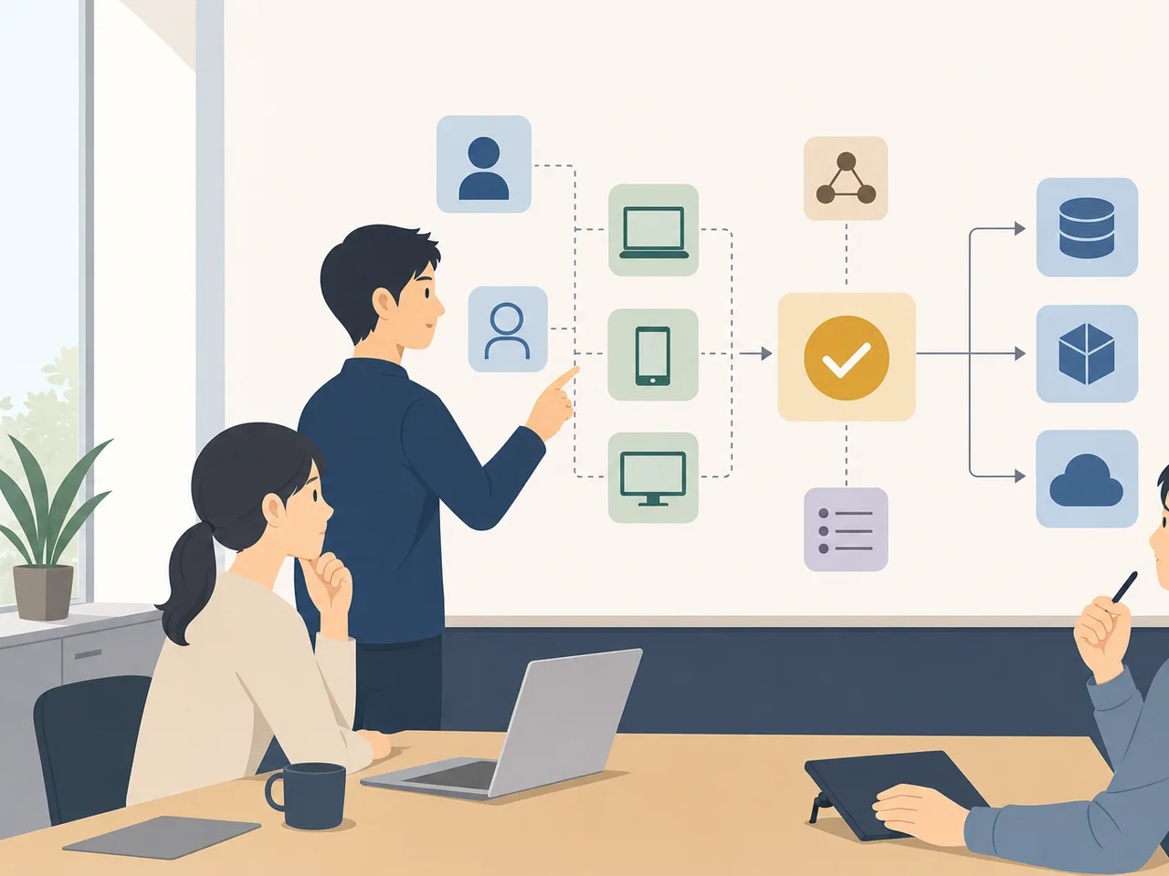 ゼロトラストを設計する日本人チーム（フラットイラスト）。ゼロトラスト、サイバーセキュリティ、アクセス制御、認証の記事や案内に使える商用素材です。