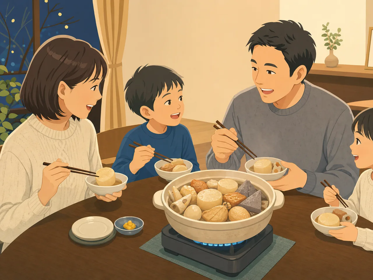 おでんを囲む日本人家族（フラットイラスト）。おでん、冬の食卓、鍋料理、家族の記事向け素材です。