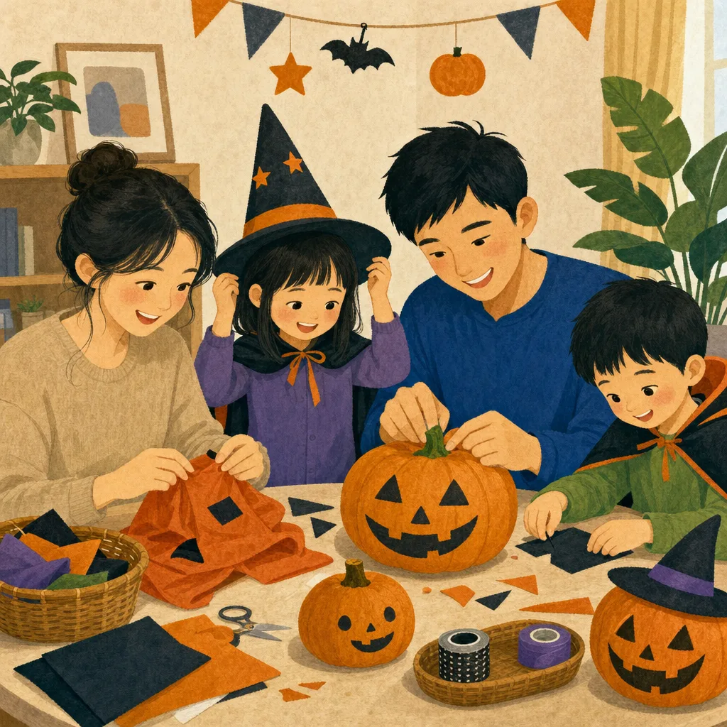 家族で楽しむハロウィン（編集記事向け）。秋のイベント、子育て、地域行事の告知に使える、明るく安全なハロウィン素材です。