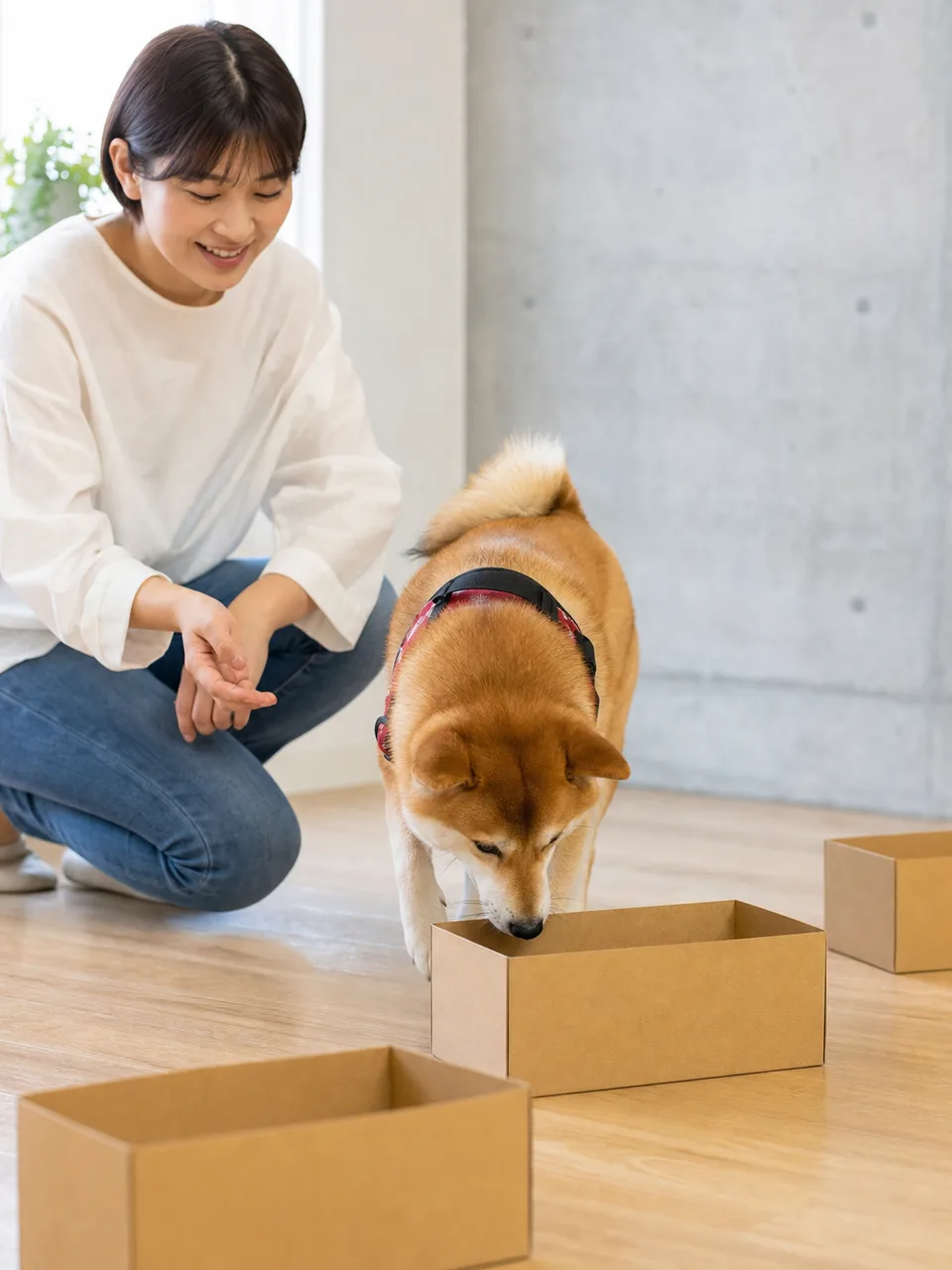 ノーズワークを楽しむ日本人と犬（自然な縦位置写真）。ノーズワーク、犬、嗅覚遊び、ペットの記事や案内に使える商用素材です。