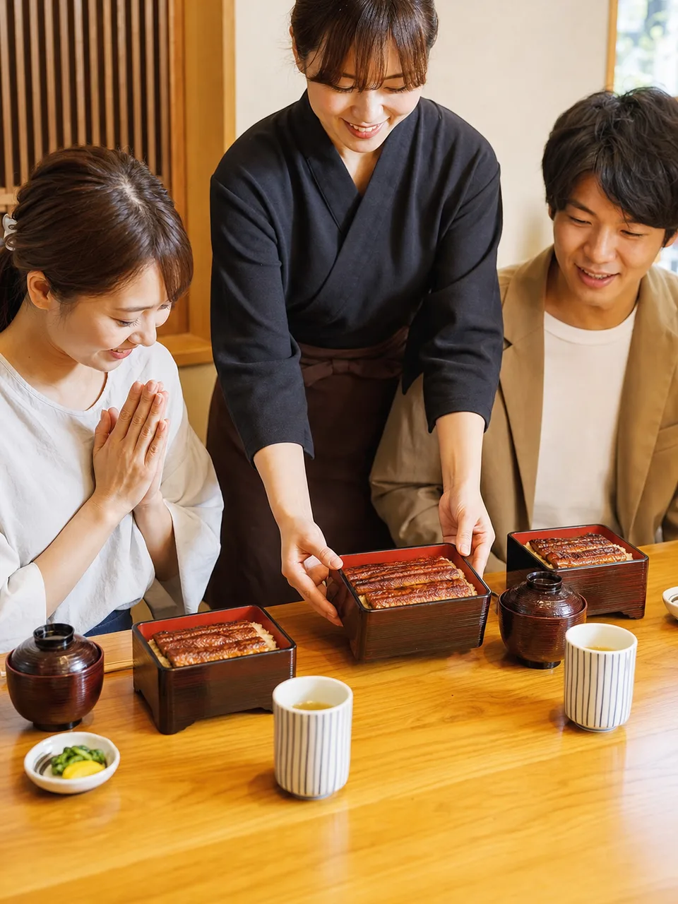 うなぎ料理を味わう日本人（自然な縦位置写真）。うなぎ、鰻重、和食、夏の食文化の記事向け素材です。