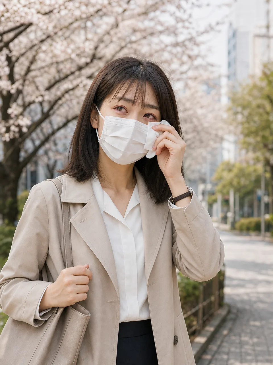 花粉症対策をする日本人通勤者（自然な縦位置写真）。春の健康情報、花粉対策、医療、日用品の記事に使える生活場面です。