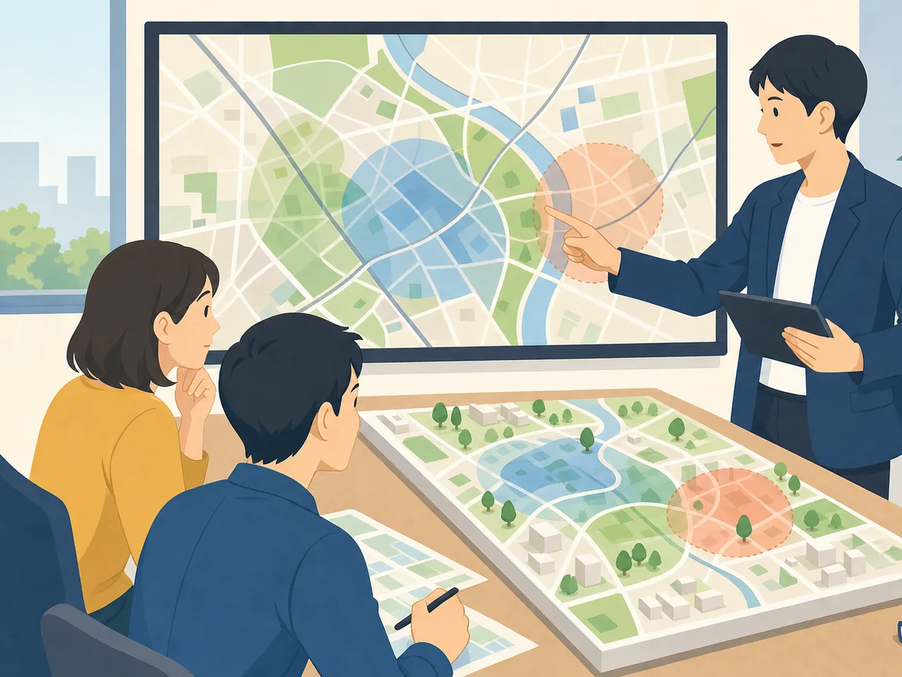 地理情報を分析する日本人GIS担当者（フラットイラスト）。GIS、地理情報システム、都市計画、地図の記事や案内に使える商用素材です。