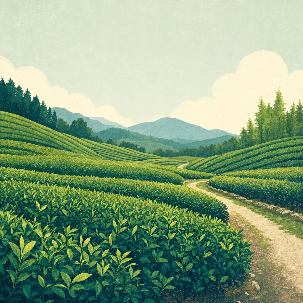 日本の丘陵に広がる茶畑（正方形デザイン）。茶畑、茶園、農業、緑の風景向け素材です。