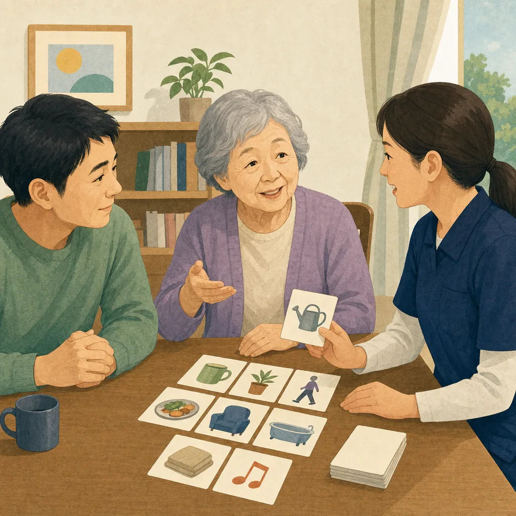 認知症支援を話し合う日本人家族（編集記事向け）。認知症支援、家族相談、高齢者ケア、介護相談の記事や案内に使える商用素材です。