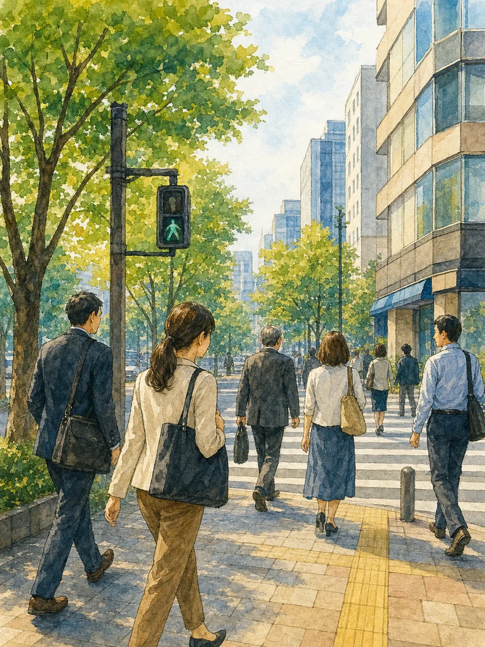 徒歩で通勤する日本人会社員（手描き水彩）。徒歩通勤、通勤、会社員、歩くの記事や案内に使える商用素材です。